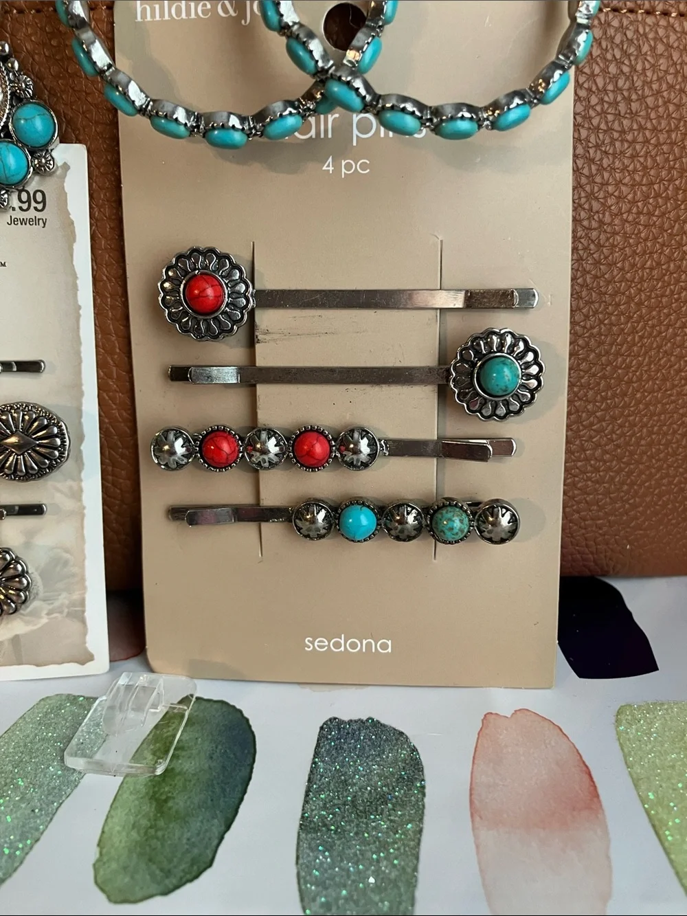 Turquoise &Silver-Tone Earring Set, 8 Unique Hair Pins, Bracelet& Bead Jewelry